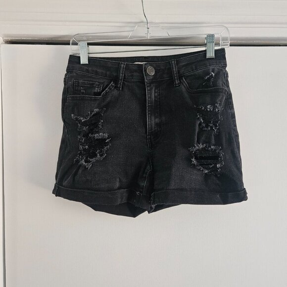 So Black Ripped Distressed High Waist Curvy Midi Jean 7 / 28W Shorts - Picture 1 of 6